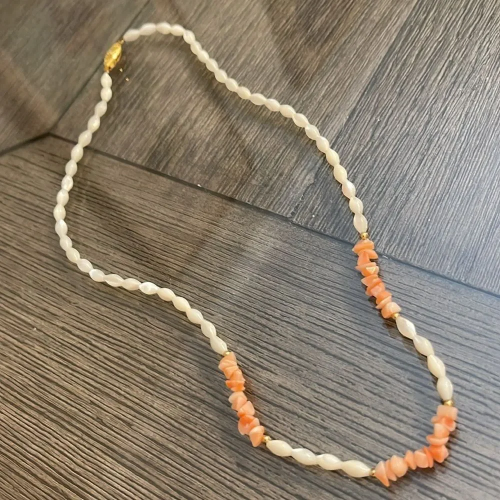 Vintage Lucoral Single Strand Coral & Mother of Pearl Necklace Rice Beads